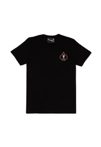 Black t-shirt with a small logo on the chest against a white background