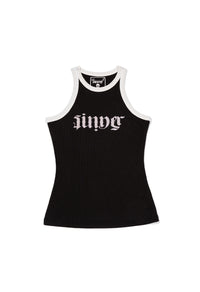Black tank top with white text on a white background - best motorcycle suit