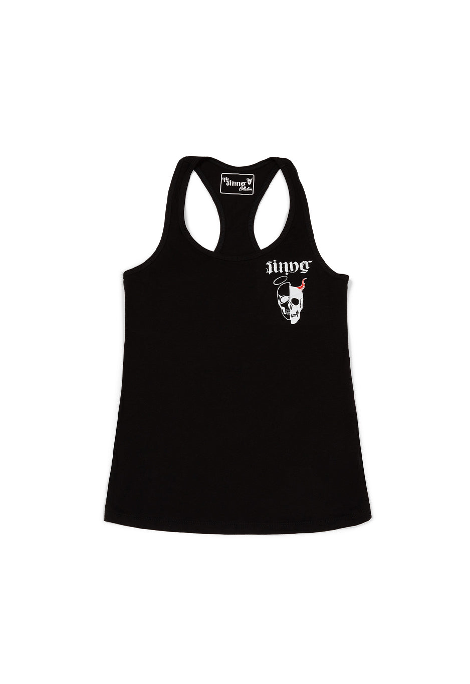 Black tank top with a skull design and text on a white background