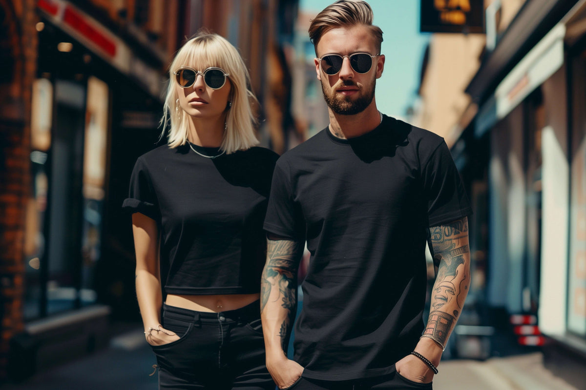  Two people wearing black outfits and sunglasses on a city street - armored leggings motorcycle