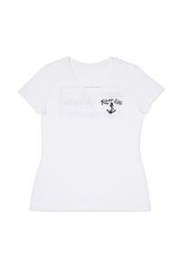 White t-shirt with 'River Life' and anchor design on a white background