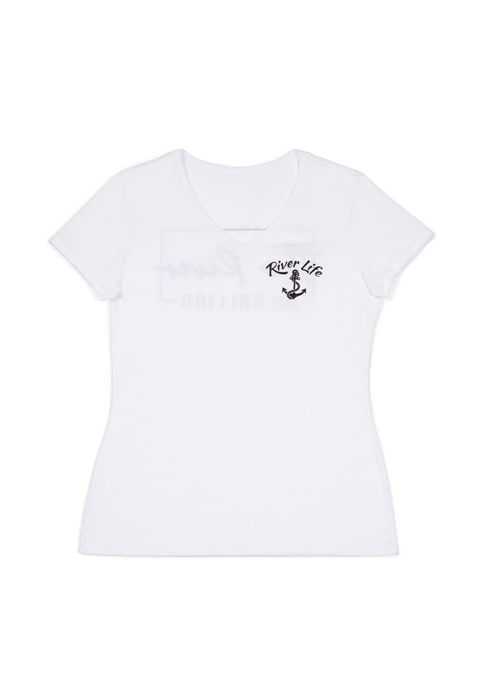 White t-shirt with 'River Life' and anchor design on a white background