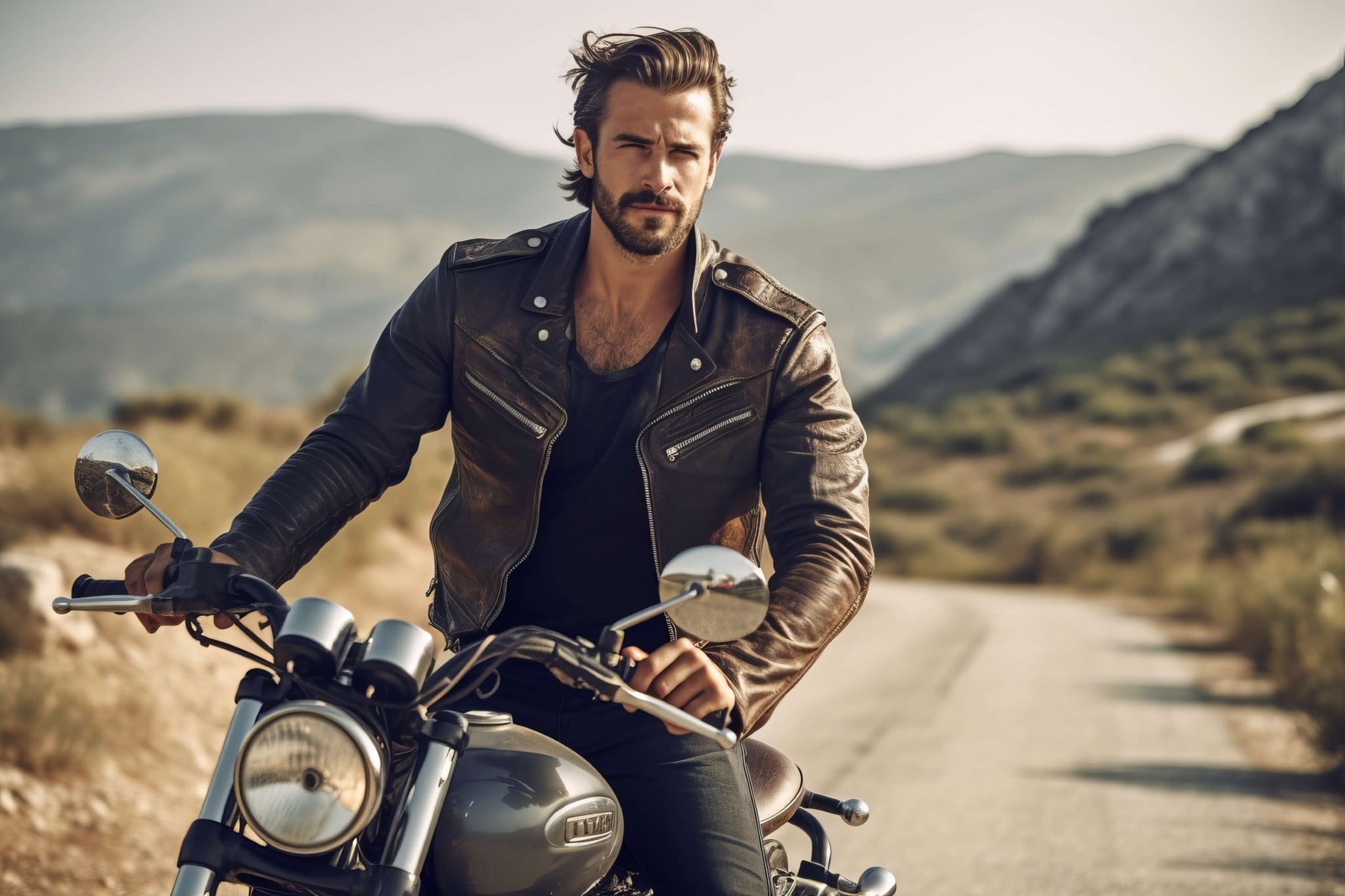 Man in leather jacket riding a motorcycle on a scenic road with mountains in the background