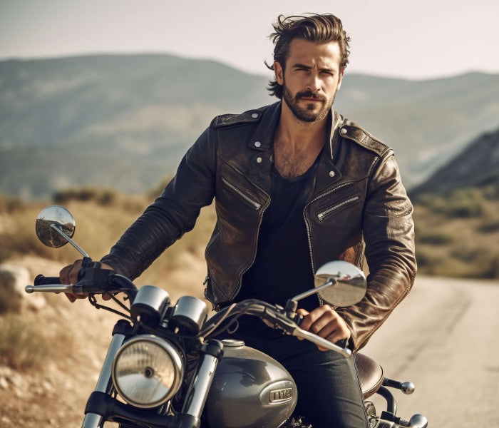 Man in a leather jacket sitting on a motorcycle with a desert landscape in the background - all season motorcycle jacket
