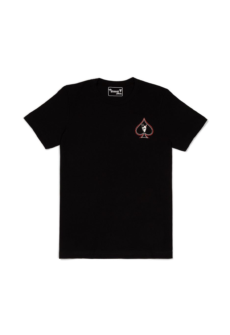 Black t-shirt with a small logo on the chest against a white background