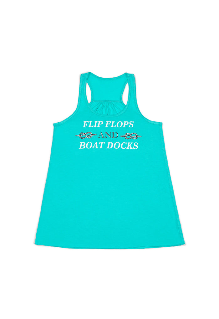 Turquoise tank top with text on a white background