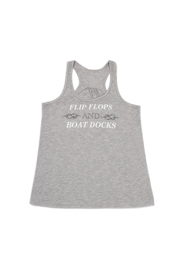 Gray tank top with text 'FLIP FLOPS AND BOAT DOCKS' on a white background