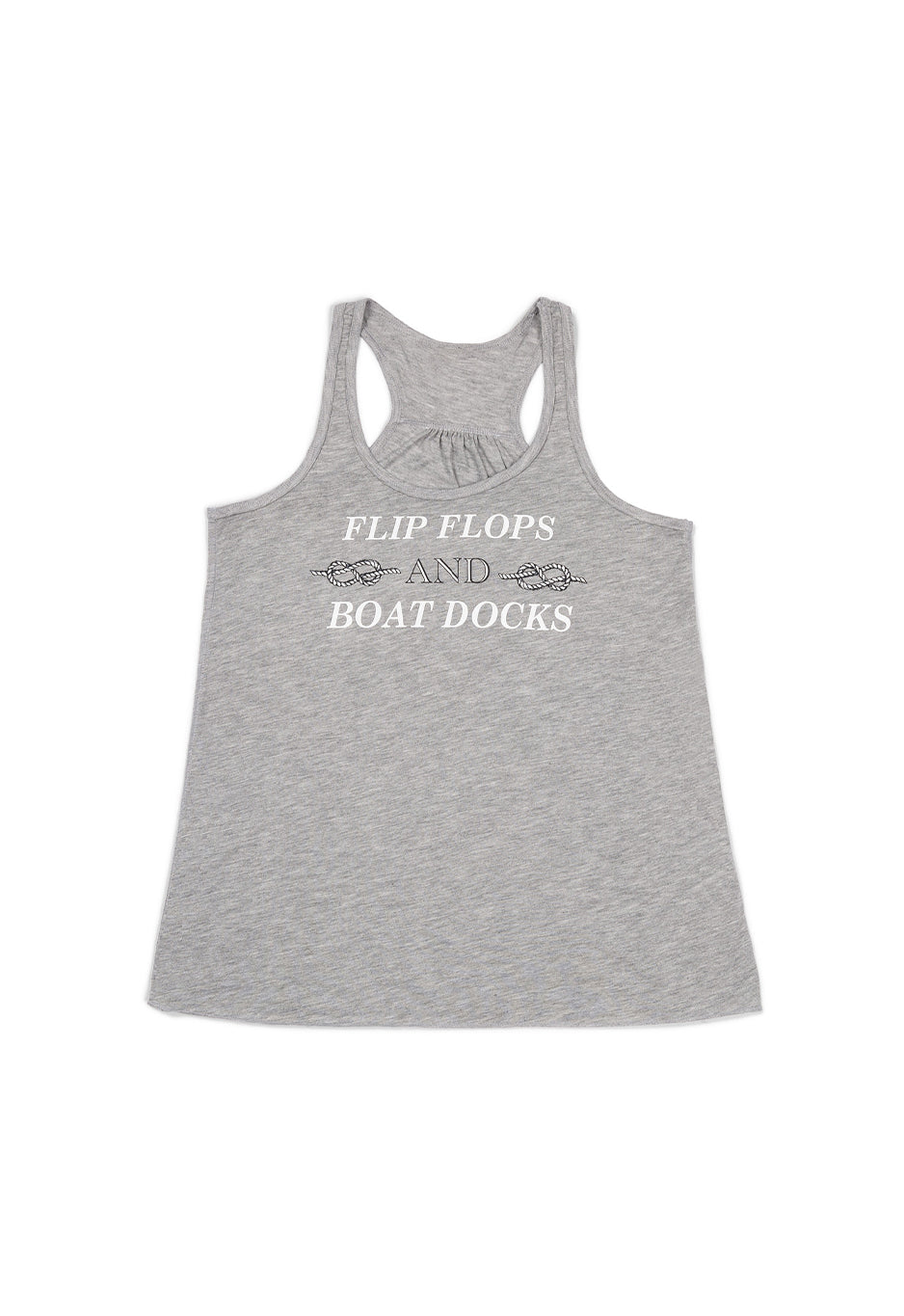 Gray tank top with text 'FLIP FLOPS AND BOAT DOCKS' on a white background