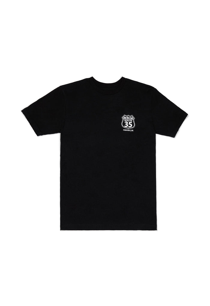 Black t-shirt with a small white logo on a white background