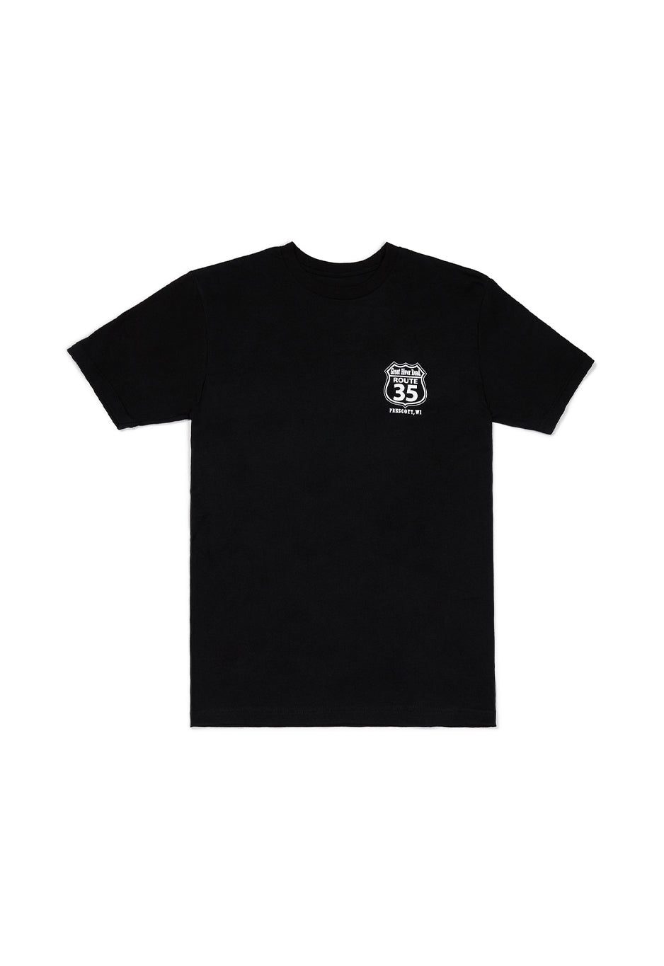 Black t-shirt with a small white logo on a white background
