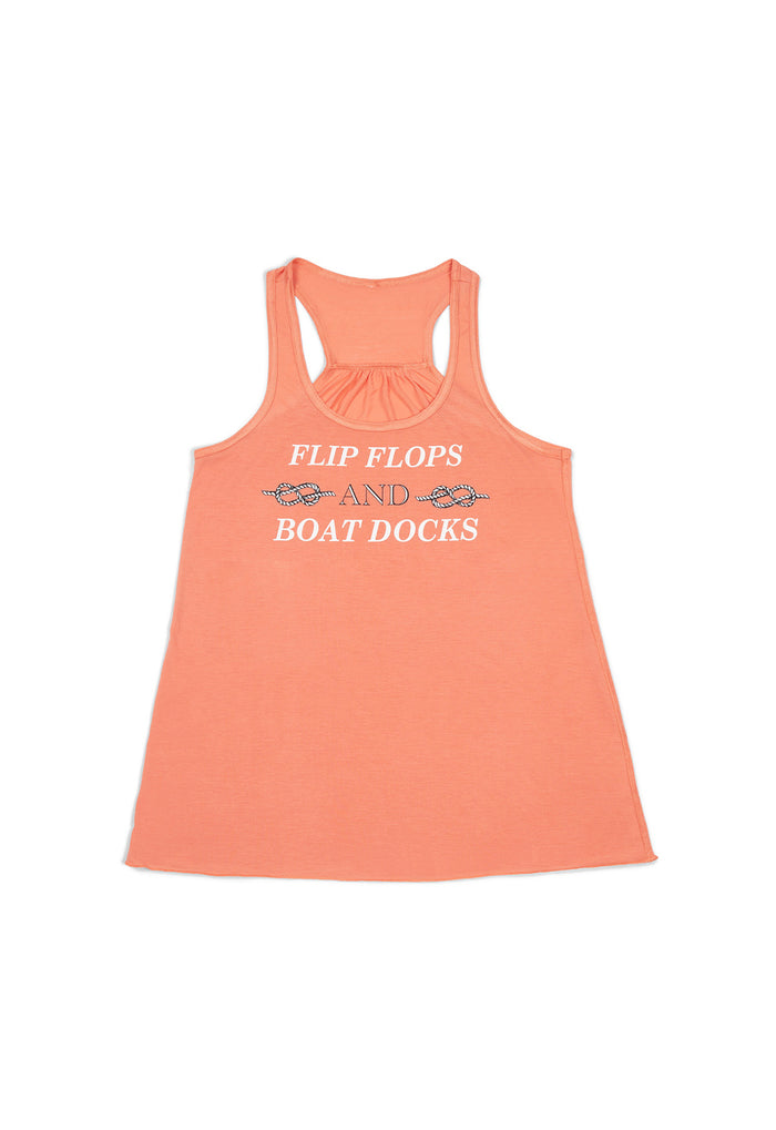 Coral tank top with 'Flip Flops and Boat Docks' text on a white background