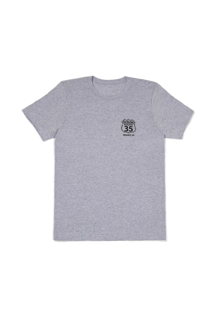 Gray t-shirt with a small logo on a white background