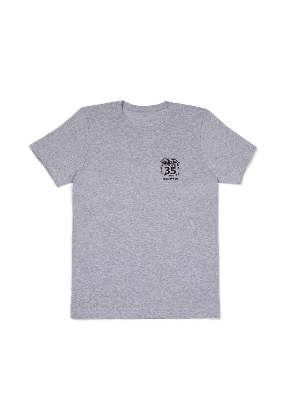Gray t-shirt with a small logo on a white background