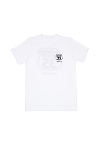 White t-shirt with a black graphic design on a white background