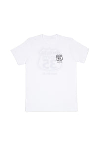 White t-shirt with a black graphic design on a white background