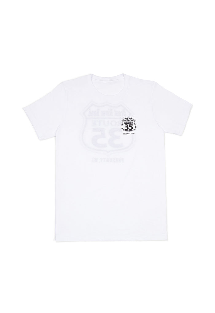 White t-shirt with a black graphic design on a white background
