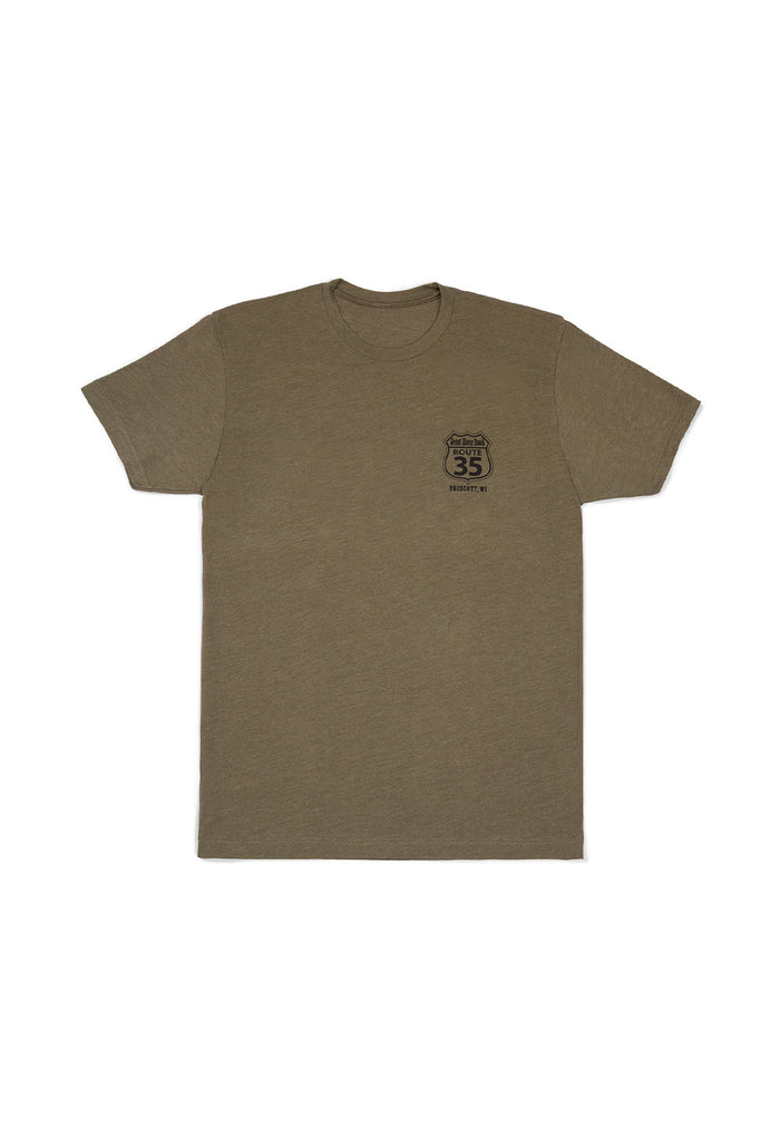 Olive green t-shirt with a small logo on the chest against a white background - big custom patches
