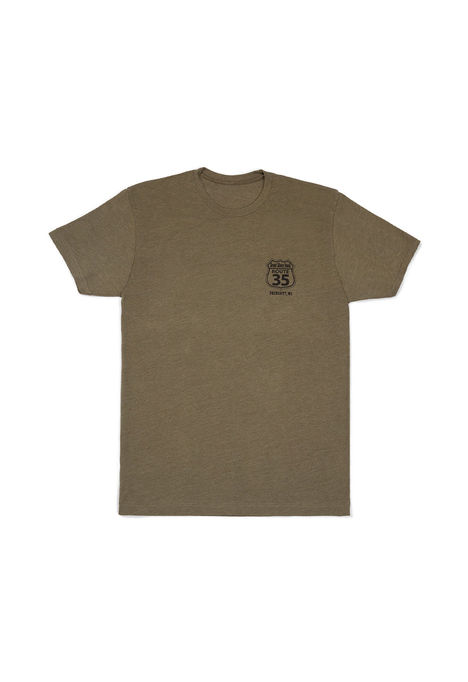 Olive green t-shirt with a small logo on the chest against a white background - big custom patches