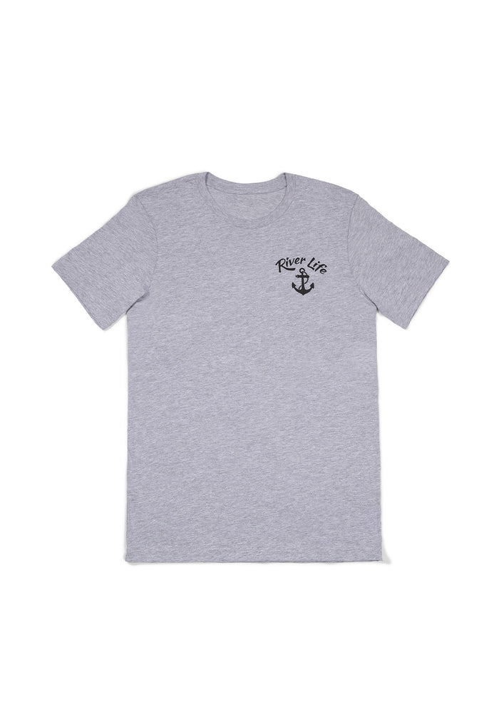 Gray t-shirt with 'River Life' and anchor design on a white background - best online motorcycle gear store
