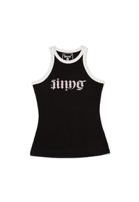 Black tank top with white text on a white background - best motorcycle suit