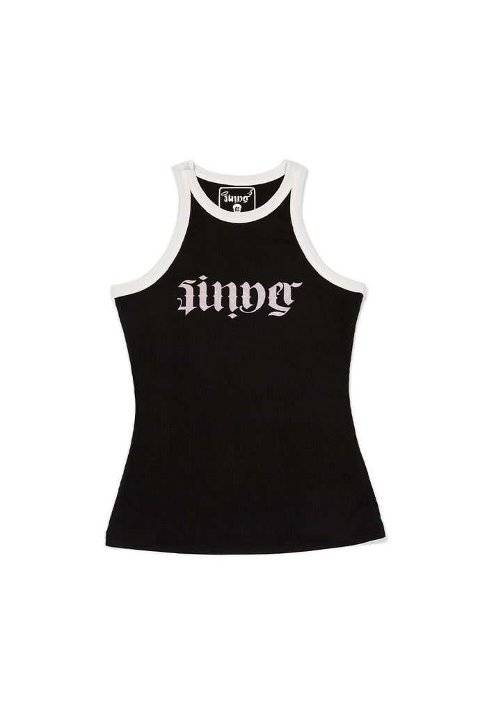 Black tank top with white text on a white background - best motorcycle suit