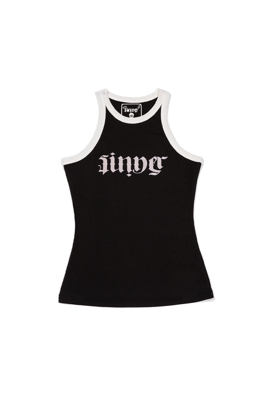 Black tank top with white text on a white background - best motorcycle suit