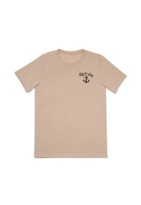 Beige t-shirt with 'Live Free' and anchor design on a white background - best motorcycle jacket