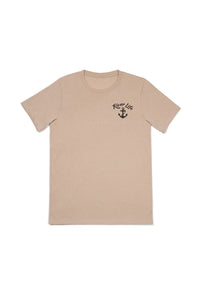 Beige t-shirt with 'Live Free' and anchor design on a white background - best motorcycle jacket