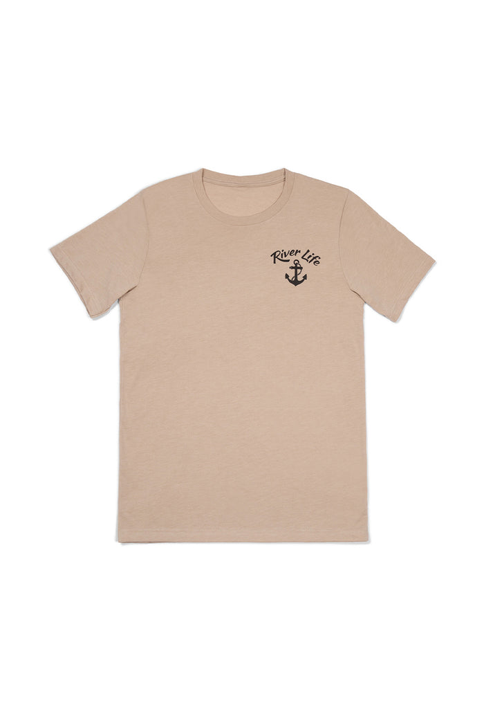 Beige t-shirt with 'Live Free' and anchor design on a white background - best motorcycle jacket