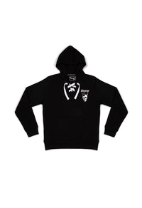 Black hoodie with white graphics on a white background - armored riding pants