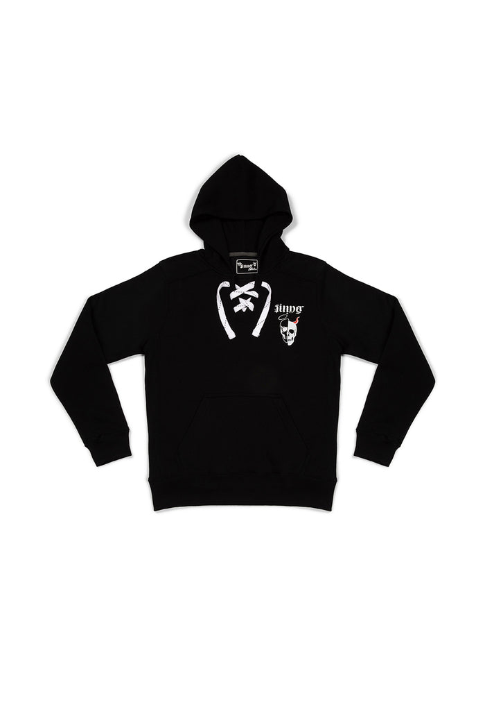 Black hoodie with white graphics on a white background - armored riding pants
