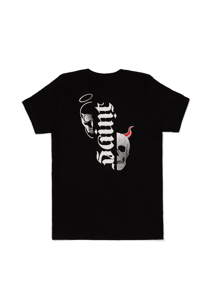 Black t-shirt with a graphic design on a white background