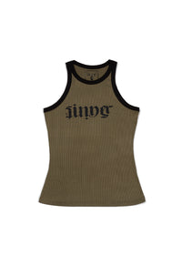 Brown tank top with black trim and logo on a white background - bike jacket and pants