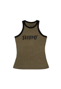 Brown tank top with black trim and logo on a white background - bike jacket and pants