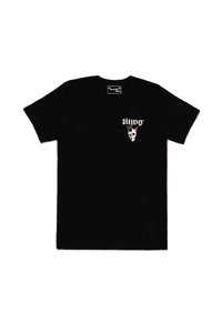Black t-shirt with a logo on the chest against a white background - bike leathers for sale