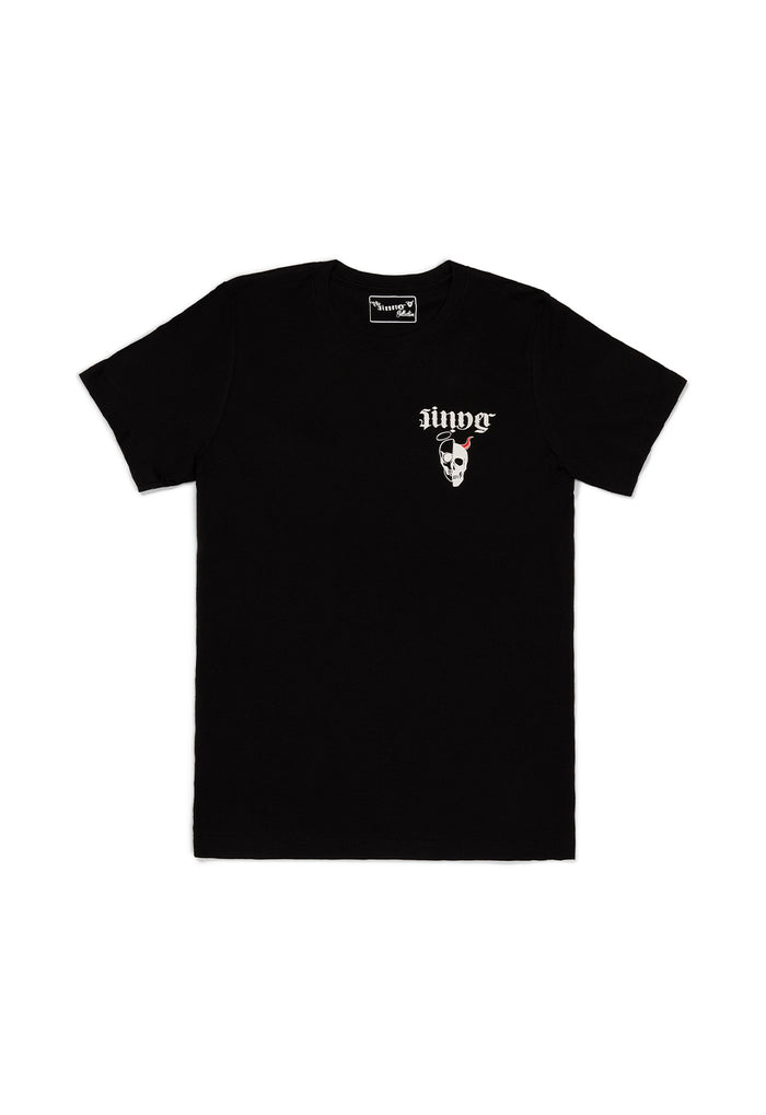 Black t-shirt with a logo on the chest against a white background - bike leathers for sale