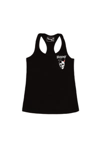 Black tank top with a skull design and text on a white background