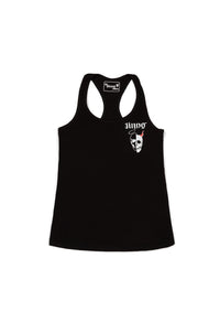 Black tank top with a skull design and text on a white background