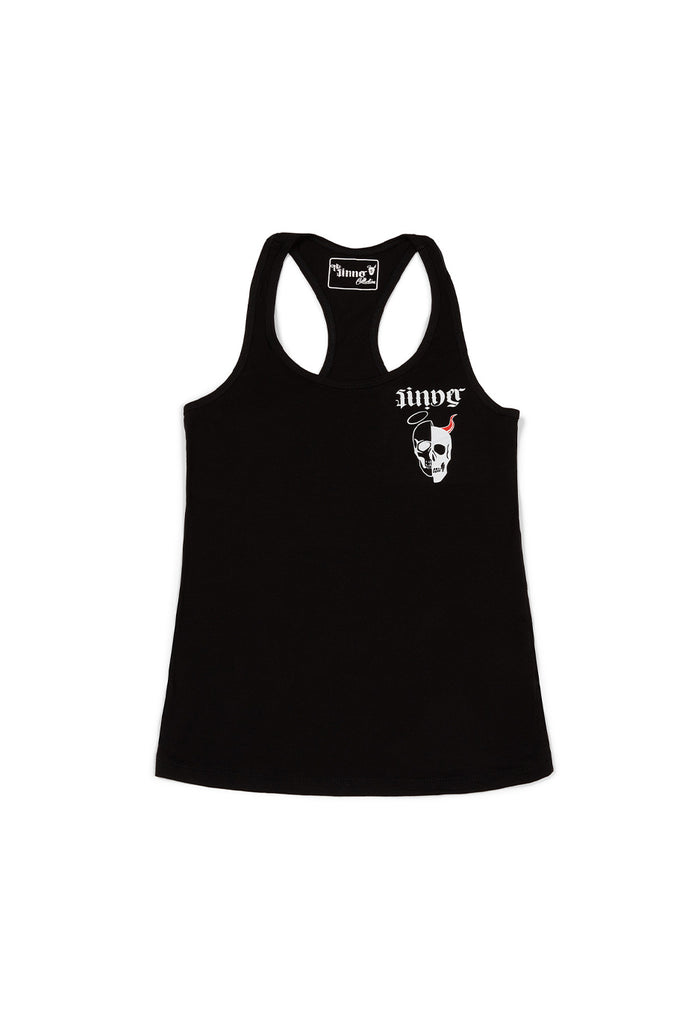 Black tank top with a skull design and text on a white background