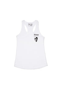White tank top with black logo on a white background