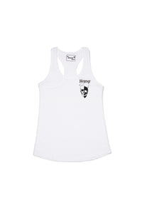 White tank top with black logo on a white background