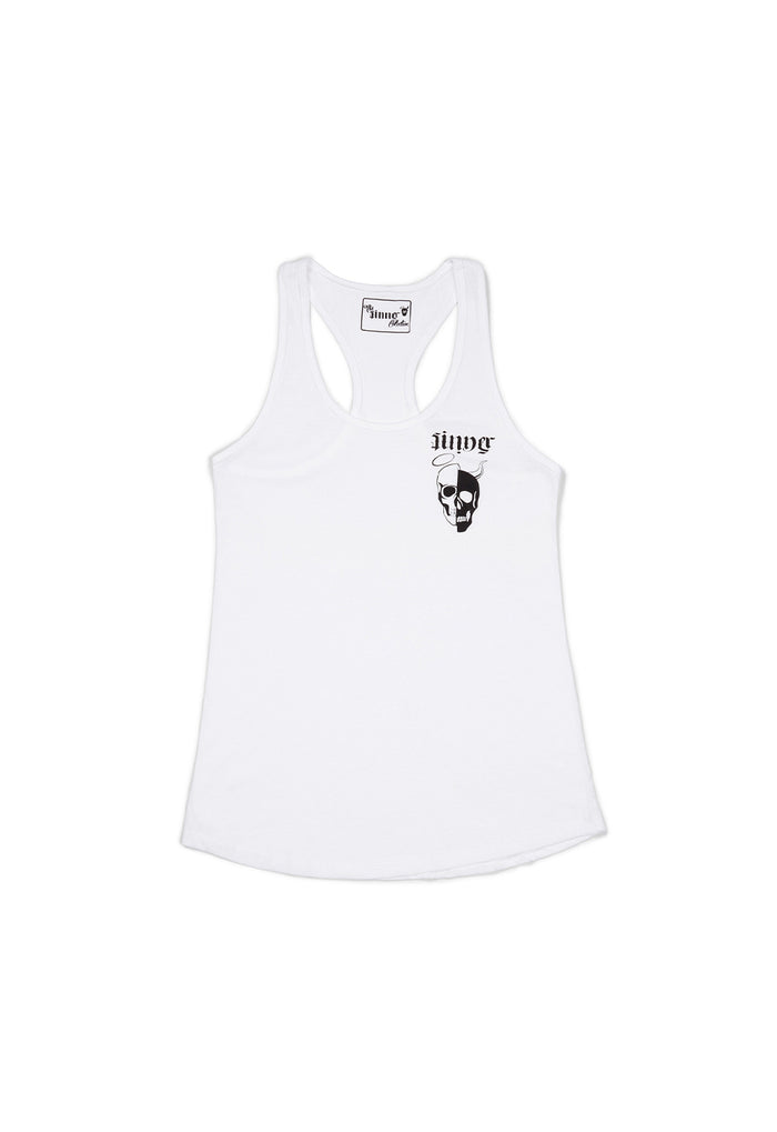 White tank top with black logo on a white background