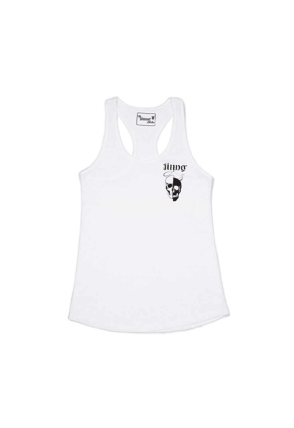 White tank top with black logo on a white background