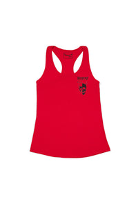 Red tank top with black graphic design on a white background - best motorcycle clothing