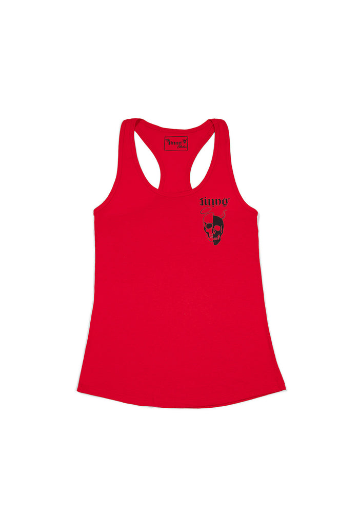 Red tank top with black graphic design on a white background - best motorcycle clothing