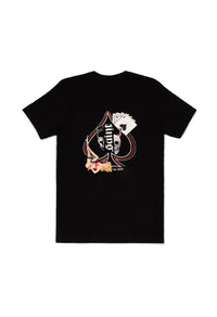 Black t-shirt with a skull and ace of spades design on a white background - best motorcycle accessories