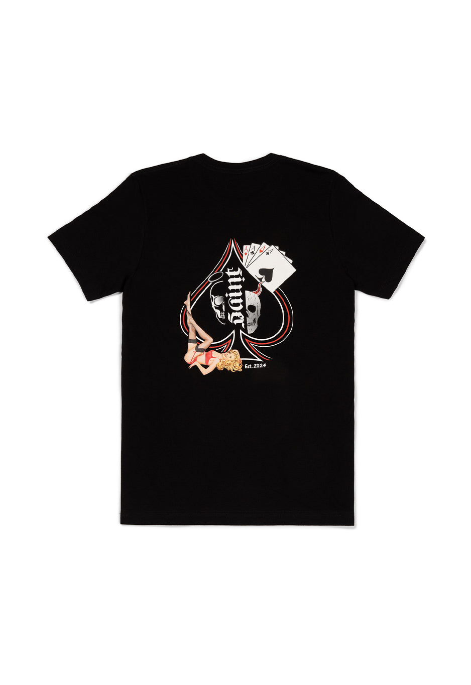 Black t-shirt with a skull and ace of spades design on a white background - best motorcycle accessories